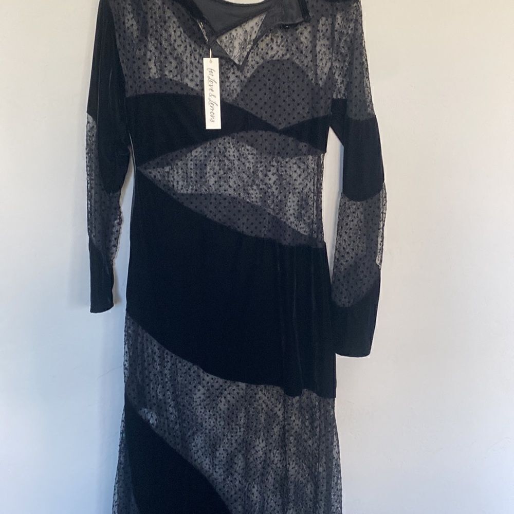 For Love & Lemons Carolyn Maxi Black Velvet Wavy Flocked Dot Lace Panel Dress - Picture 8 of 9